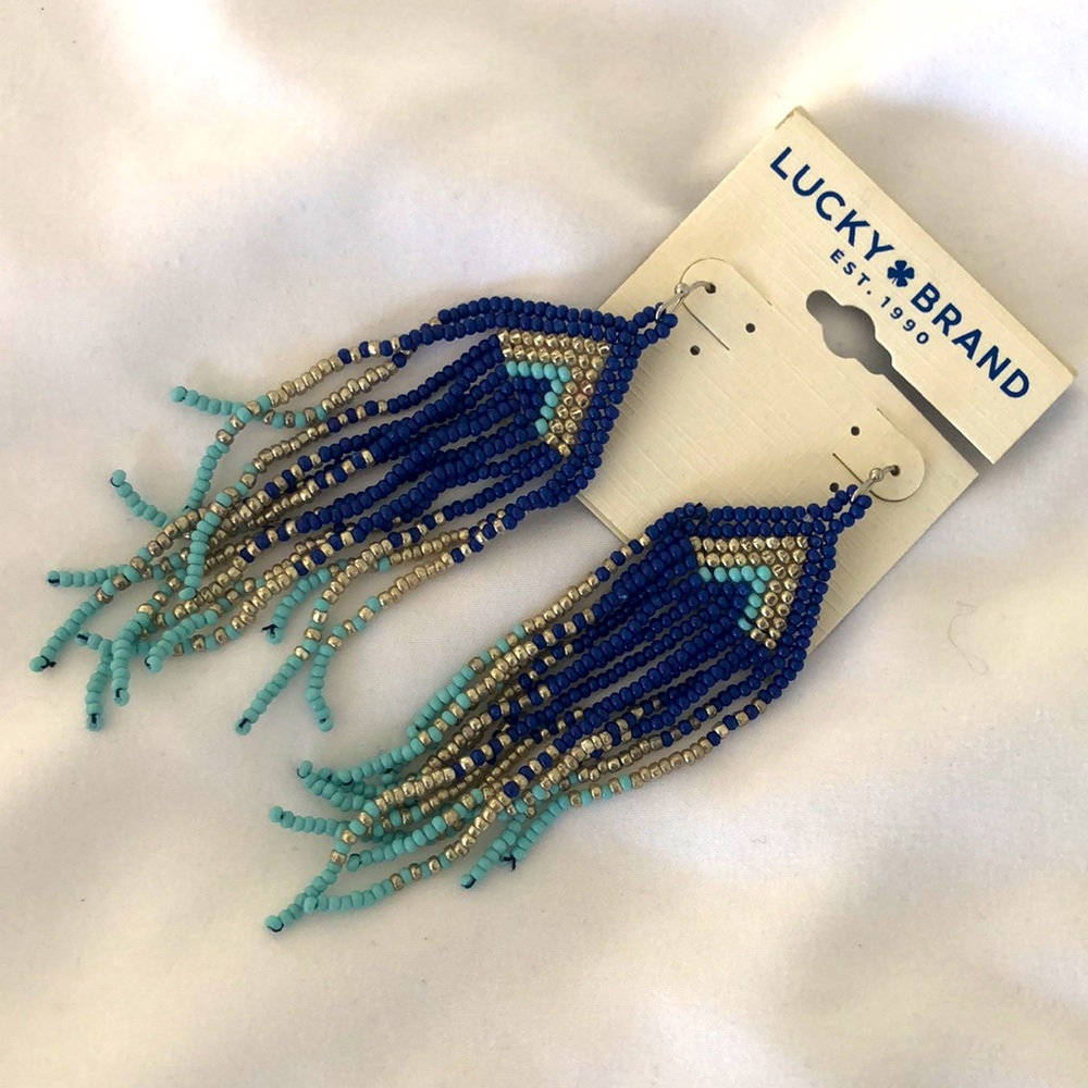 Lucky Brand Blue, Turquoise & Gold Beaded Fringe Earrings - Picture 5 of 5
